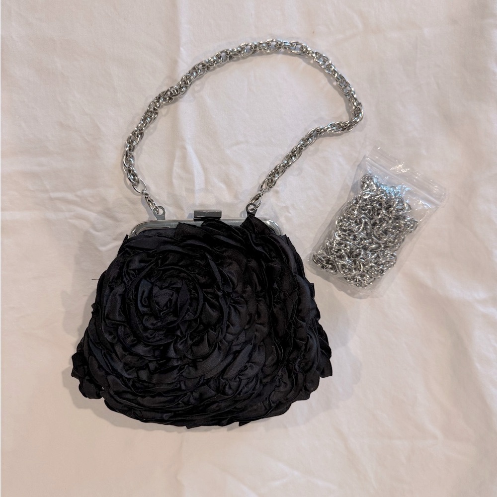 White House Black Market Satin Rosette Clutch with Silver Chain